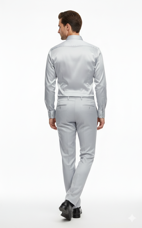 Mens Silver Satin Dress Shirt and Pants Set Luxury Slim Fit Outfit for Parties, Weddings, and Formal Events