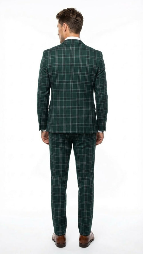 Men's Dark Green Plaid 3 Piece Suit Checkered Suit Set for Wedding, Windowpane Tartan Fabric - Ultra Slim Fit