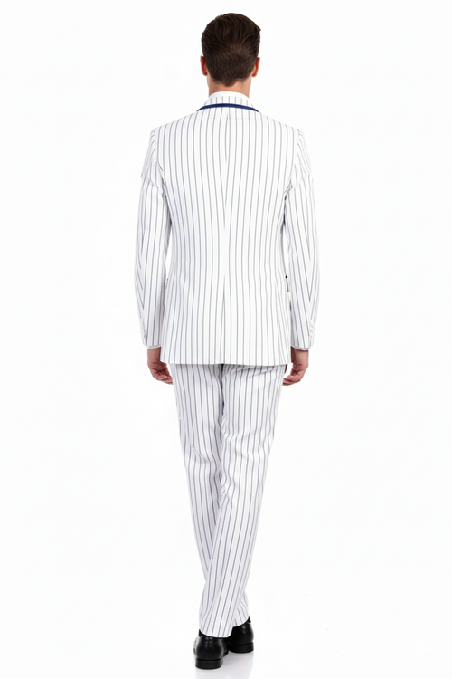 Mens White and Royal Blue Pinstripe 3-Piece Suit Classic Fit Blazer with Vest, Pants, and Tie