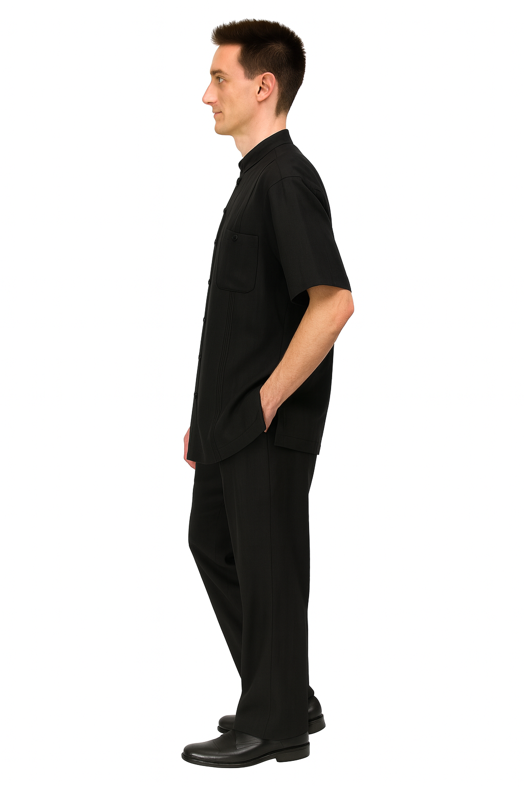 Men’s Black Banded Collar Walking Suit – Short Sleeve Shirt and Matching Pants Banded Collar Linen Fabric - S