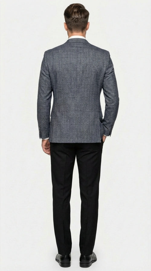 Mens Charcoal Gray Windowpane Check Blazer Classic Two Button Formal Sport Coat Jacket