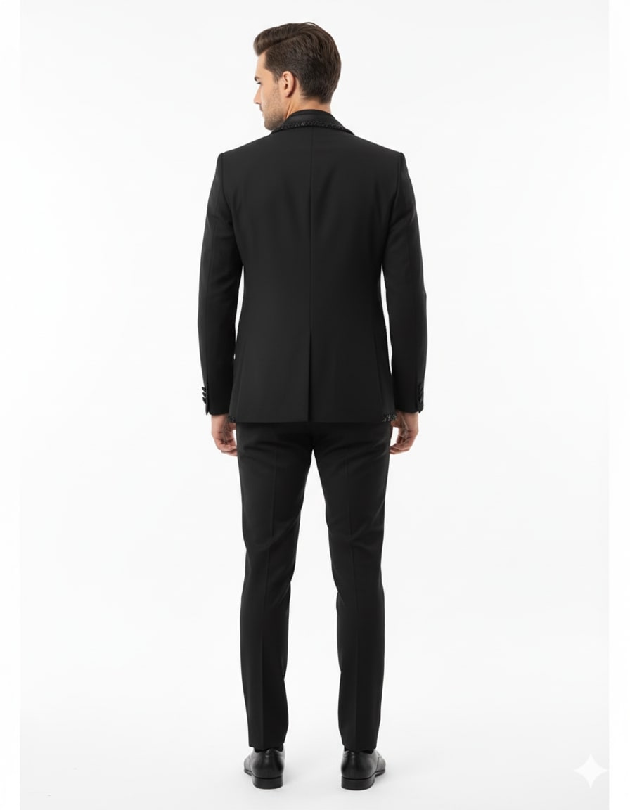 Mens Classic Black Designer Tuxedo Suit with Beaded Lapel – Elegant Formal and Party Wear Jacket and Pants - S