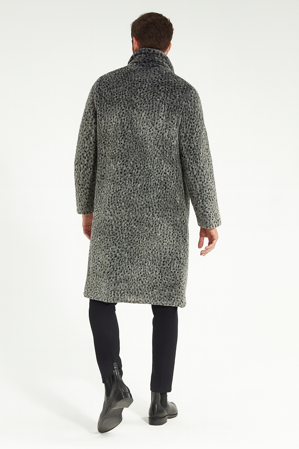 Men’s Luxury Long Grey Faux Fur Coat – Winter Overcoat with Animal Print Design - Coat Size 38