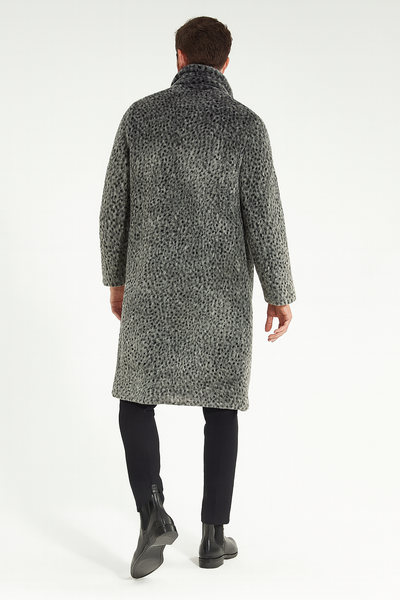 Mens Luxury Long Grey Faux Fur Coat -Winter Overcoat with Animal Print Design