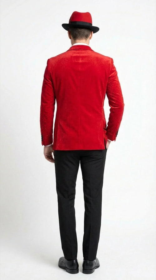 Men’s Red Velvet Fabric Rhinestone Blazer with Matching Red and Black Hat – Christmas New Year Holiday Party Jacket Set