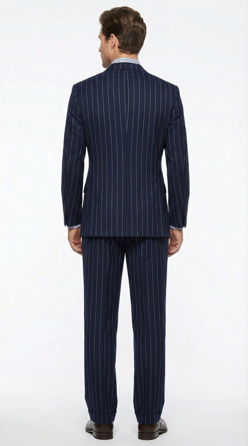 Men's Navy Blue Double Breasted Pinstripe Suit Modern Fit By rossiman