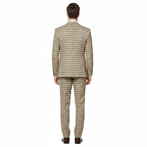 Mens Beige and Navy Check 3-Piece Suit Set Premium Tailored Fit Formal Wedding and Business Suit By Rossiman