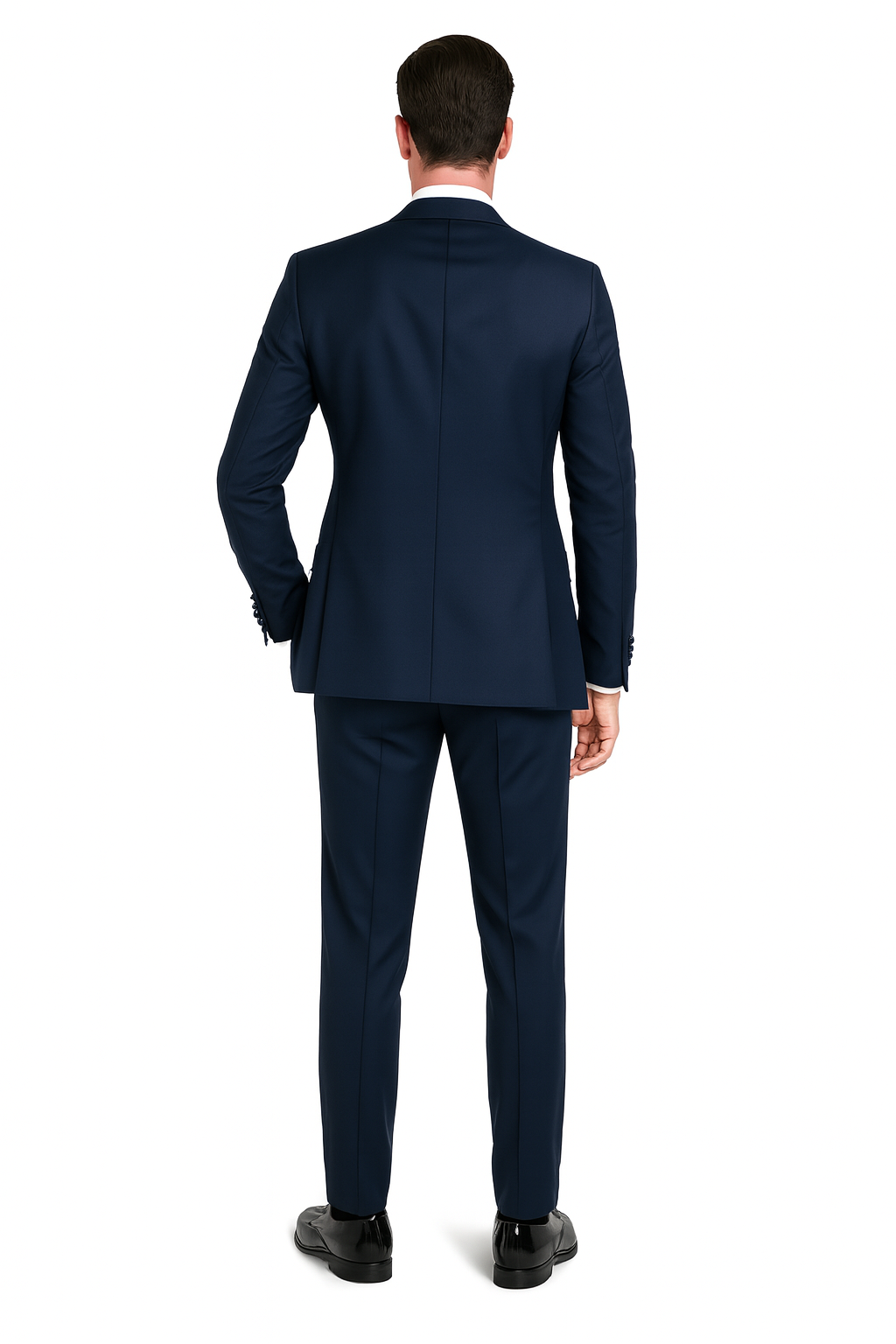 Men’s Navy Blue Tuxedo with Satin Peak Lapel with navy sateen – 3 Piece Formal Suit with Vest and Bow Tie - 34 Short or Extra Small