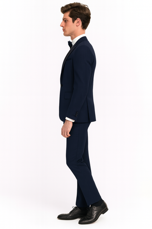 Mens Navy Blue Tuxedo with Satin Peak Lapel With Matching Color Lapel Sateen – Formal 2 Piece Suit