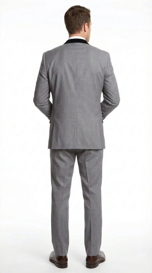 Men’s Light Gray Three Piece Suit with Black Chesterfield Collar – Classic Formal Wedding and Business Suit Set 1920s Vintage
