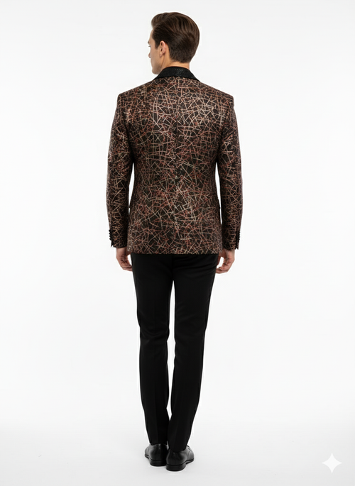 Mens Black Shiny Designer Blazer with Red and Gold Pattern Luxury Party & Wedding Jacket