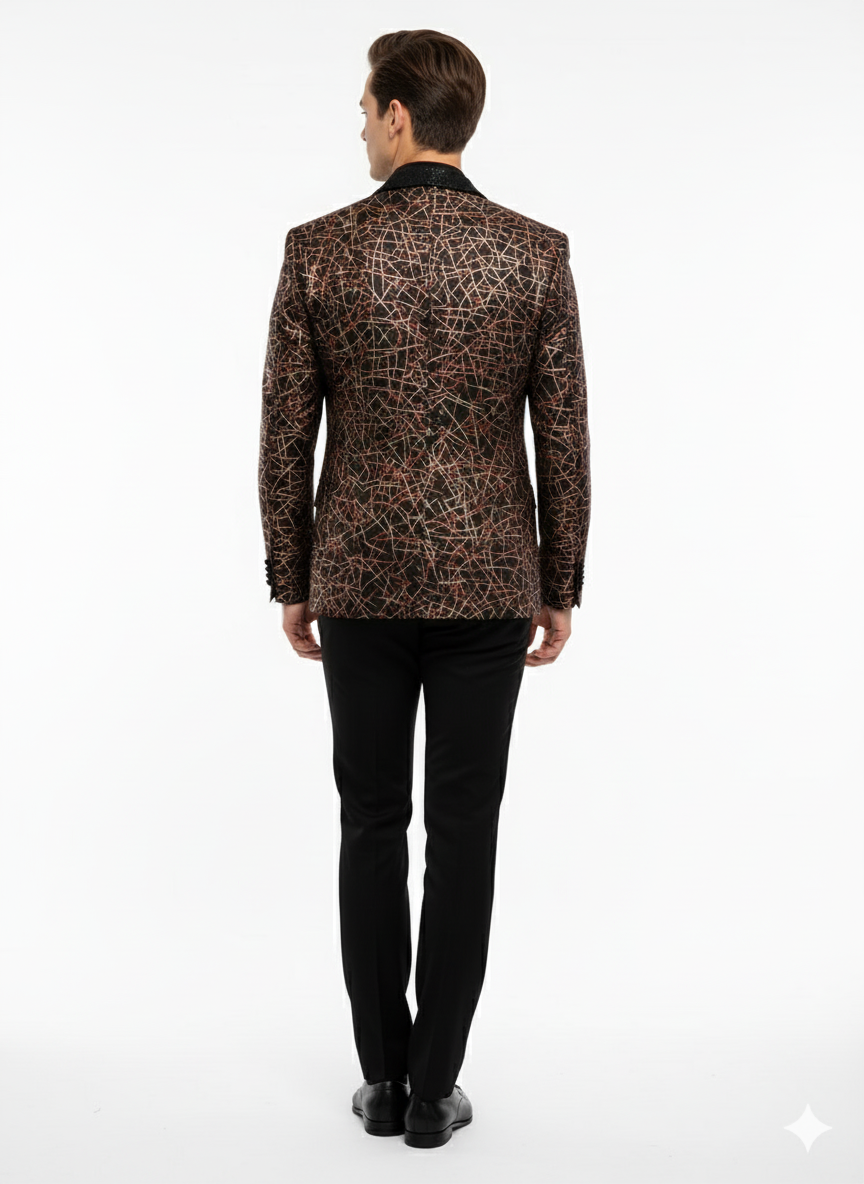 Men’s Black Shiny Designer Blazer with Red and Gold Pattern – Luxury Party & Wedding Jacket - 36 Short