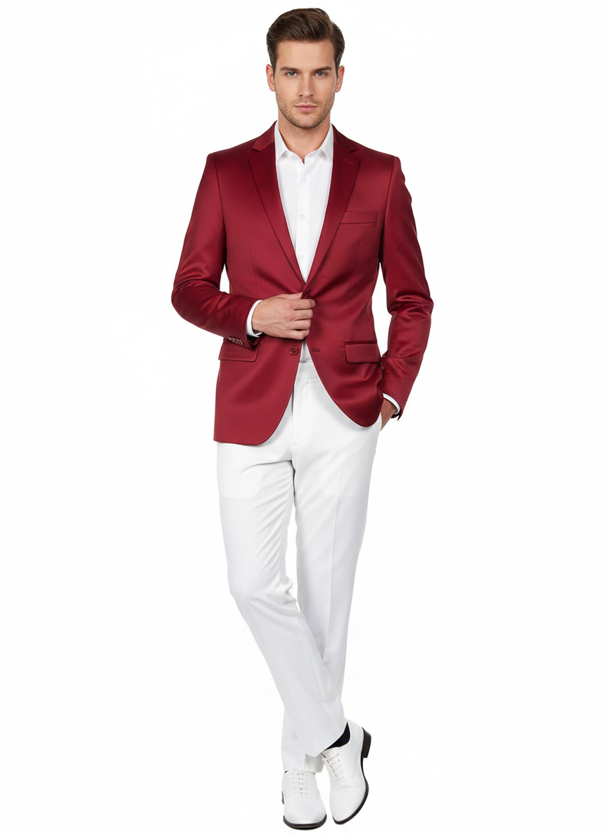 Premium Men's Burgundy Satin Slim Fit Blazer – Elegant Party & Wedding Suit Jacket in Maroon Wine Color - 36 Short