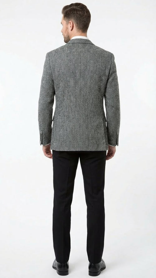 Mens Grey Harris Tweed Blazer Jacket, Classic Herringbone Wool Sport Coat for Business Casual
