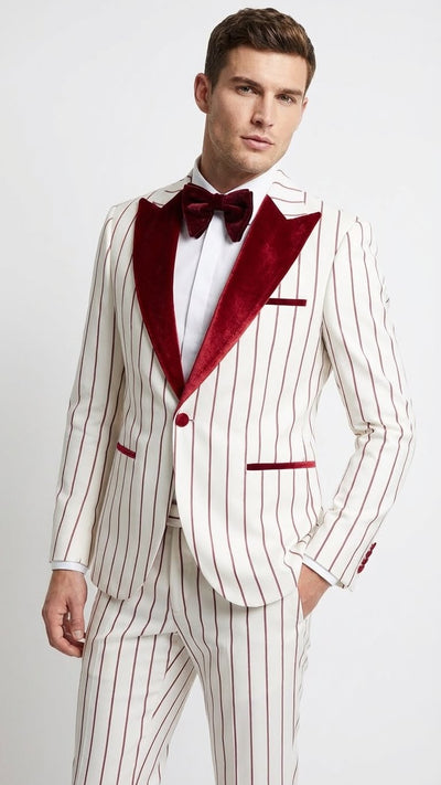 Mens White and Dark Red Pinstripe Tuxedo with Velvet Shawl Lapel Formal Dinner Blazer Prom Christmas New Year Holiday Suit