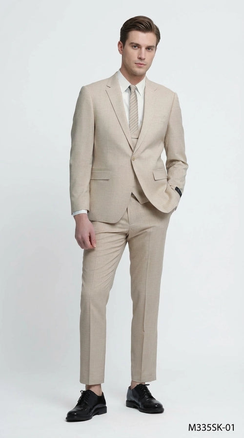 Mens Sand Beige 3 Piece Suit – Double breasted Vest Formal Suit Set and Dress Pants in Champaign Natural Summer Color