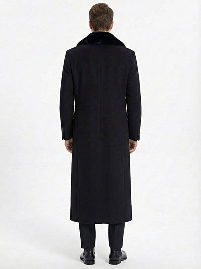 Mens Black Long Overcoat with Faux Fur Collar, Full Length Winter Topcoat for Formal and Business Wear