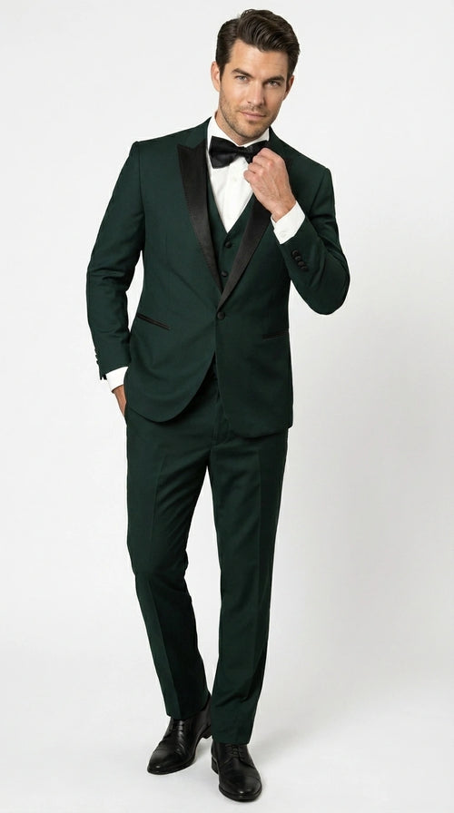 Men’s Hunter Green Tuxedo Suit 3 Piece – One Button Peak Lapel Designer Formal Suit for Wedding, Light Weight Wool By Statement Dark Green