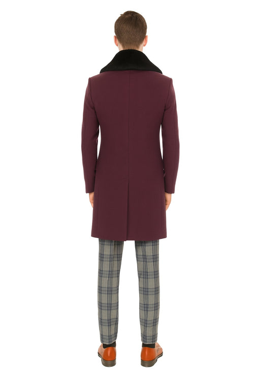Mens Purple Wool Overcoat with Black Faux Fur Collar Luxury Winter Dress Coat for Formal and Casual Wear