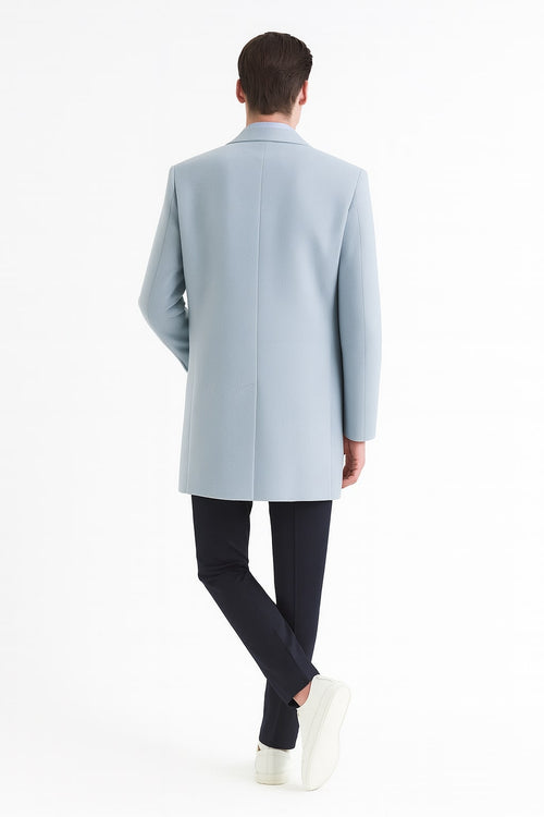 Mens Light Blue Wool Overcoat Modern Long Coat with Classic Tailored Fit in Sky Blue