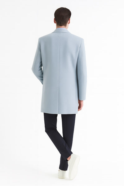 Mens Light Blue Wool Overcoat Modern Long Coat with Classic Tailored Fit in Sky Blue