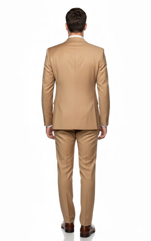 Mens Camel - Bronze - Goldish khaki Double-Breasted Suit Luxury 2-Piece Formal Set with Gold Buttons and Peak Lapels by Rossi Man