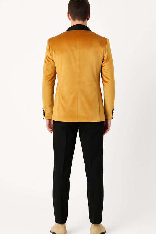 Mens Mustard Gold Velvet Tuxedo Jacket Slim Fit Dinner Blazer with Black Satin Shawl Lapel + Free Black Pants & Bowtie