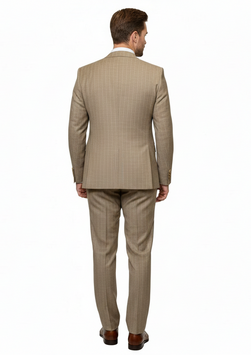 Mens Beige Pinstripe Three-Piece Suit Classic Fit Formal Suit with Vest and Flat-Front Pants in Tan Stripe By Rossiman