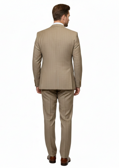 Mens Beige Pinstripe Three-Piece Suit Classic Fit Formal Suit with Vest and Flat-Front Pants in Tan Stripe By Rossiman