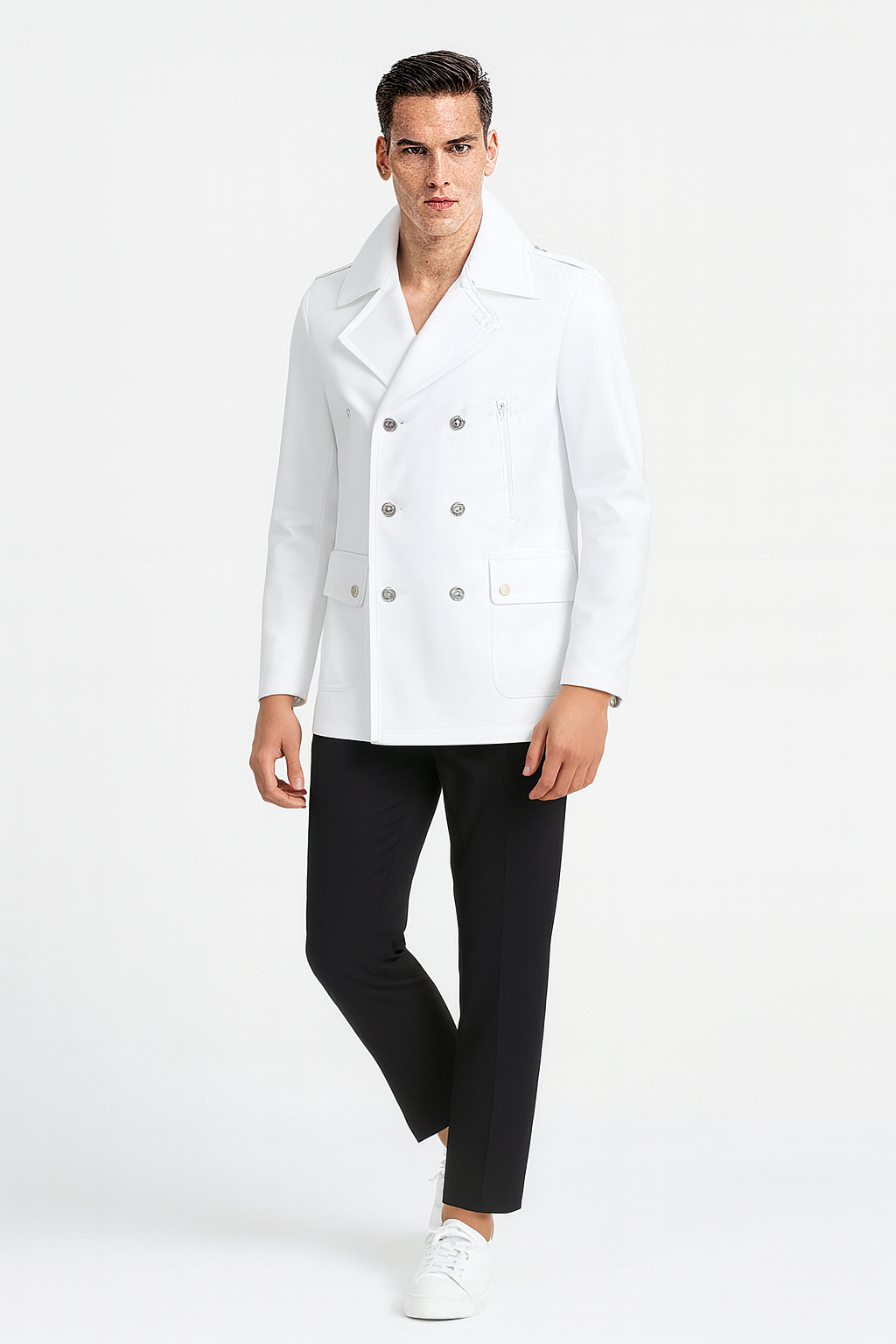 Men’s White Double-Breasted Peacoat Jacket – Classic Stylish Outerwear Wool Fabric Slim Fitted - S