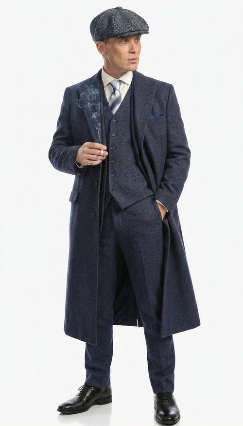 Men’s Navy Blue Herringbone Tweed 1920s 3 Piece Suit with Overcoat – Vintage Peaky Blinder Style Formal Suit Set with Blazer, Waistcoat + Overcoat + Hat