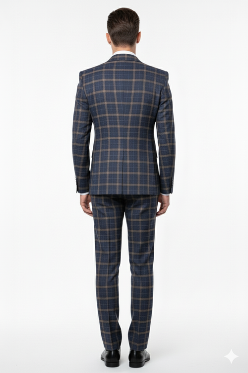 Mens Navy and Tan Windowpane Double-Breasted Suit | Classic 2-Piece Plaid Dress Suit, Business, and Formal Events By Rossiman