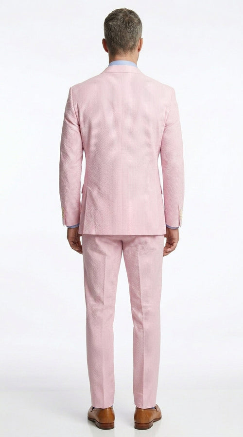 Men’s Pink Seersucker 2 Piece Suit, Lightweight Summer Dress Suit for Weddings, Prom, Parties, and Special Occasions