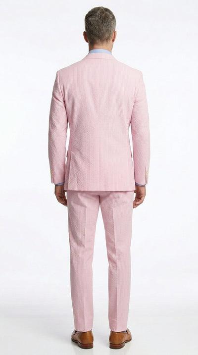 Men’s Pink Seersucker 2 Piece Suit, Lightweight Summer Dress Suit for Weddings, Prom, Parties, and Special Occasions