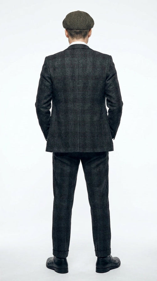 Men's Thomas Shelby Dark Grey Plaid 3-Piece Suit – Peaky Blinders 1920s Vintage Tweed-Style Wedding Suit with Matching Vest & Pants