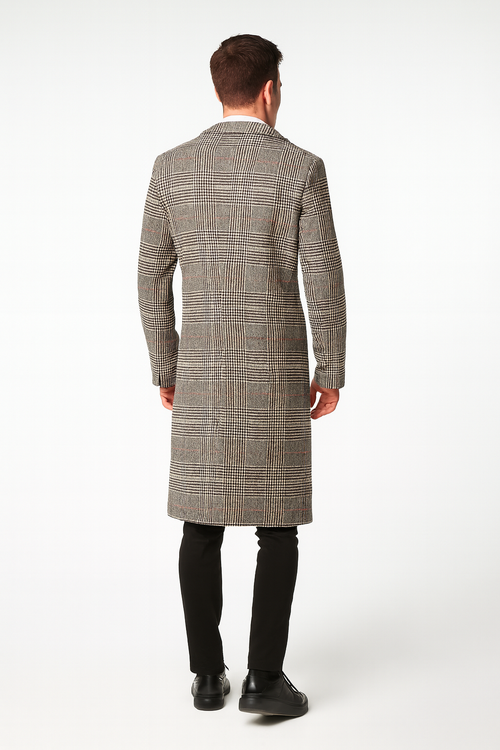 Mens Full length Long Plaid Overcoat – Classic Checkered Wool Blend Winter Coat in Gray Color Checkered
