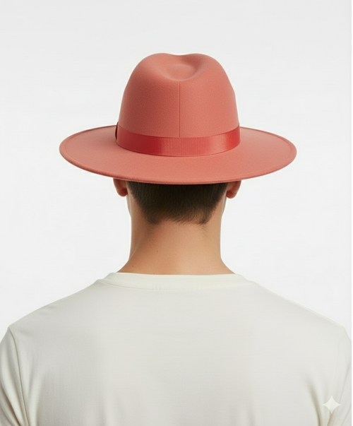 Mens Coral Pink Wide Brim Fedora Hat Wool Felt Dress Hat with Red Ribbon Band