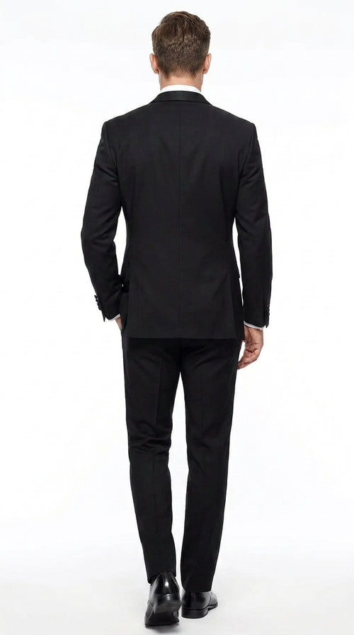 Men’s Black Uniform Tuxedo – One-Button Satin Lapel Formal Suit for Weddings, Prom and Events