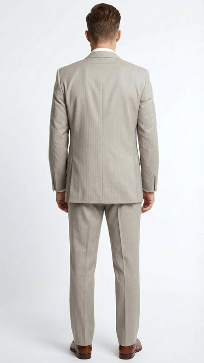 Mens Light Tan Pinstripe 3 Piece Suit with Jacket, Vest, and Pants | Shadow Stripe Tone Tone Pleated Pants Classic