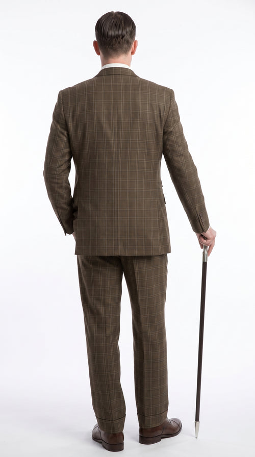 Men’s Edwardian Brown Plaid 3-Piece Suit – Vintage Double-Breasted Vest Wedding and Formal Suit