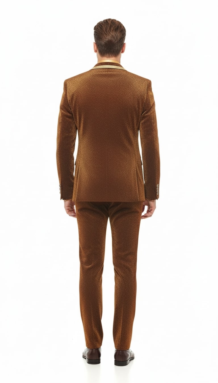 Mens Bronze Shiny Velvet Suit – Designer Party and Wedding Wear Blazer and Pant Set Brown and Gold Tuxedo - S
