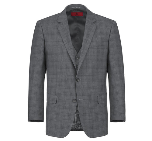 "Charcoal Grey Windowpane Plaid Men's Classic Fit Vested Suit - Two Button"