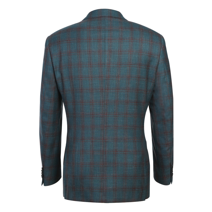 "Classic Fit Men's Wool & Linen Sport Coat Blazer - Teal Blue Windowpane Plaid"