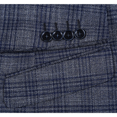 "Men's Slim Fit Two Button Sport Coat Blazer - Charcoal Grey & Blue Windowpane Plaid"