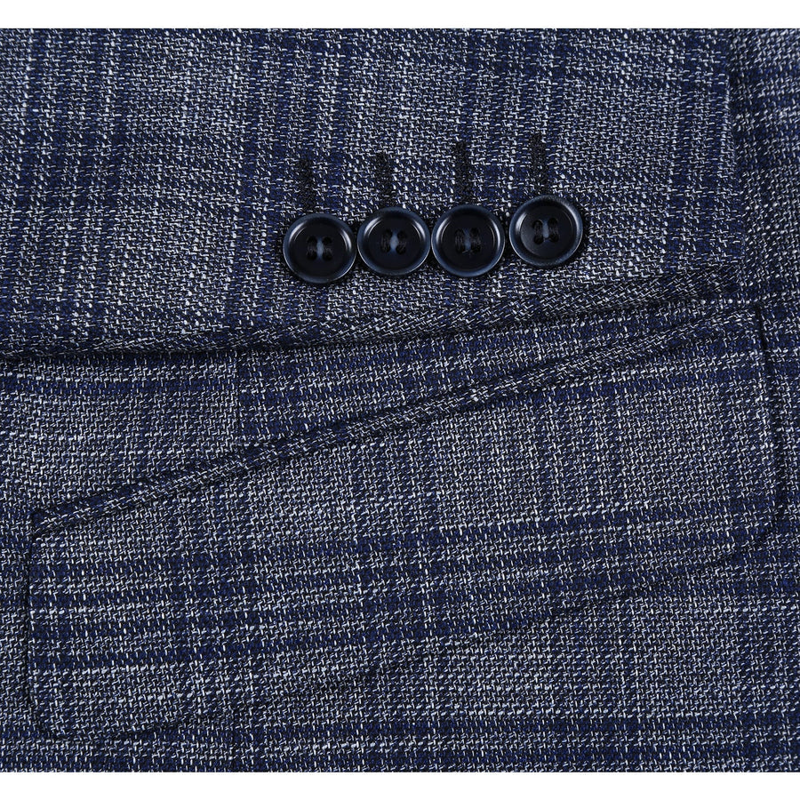 "Men's Slim Fit Two Button Sport Coat Blazer - Charcoal Grey & Blue Windowpane Plaid" - 34 Short