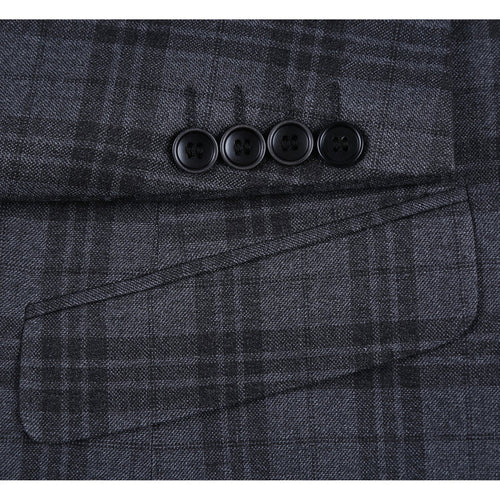 "Charcoal Grey Windowpane Plaid Men's Slim Fit Two-Button Suit"