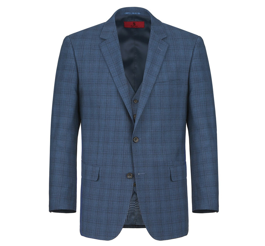 "Classic Fit Men's Two-Button Vested Suit - Navy Blue Windowpane Plaid" - 34 Short