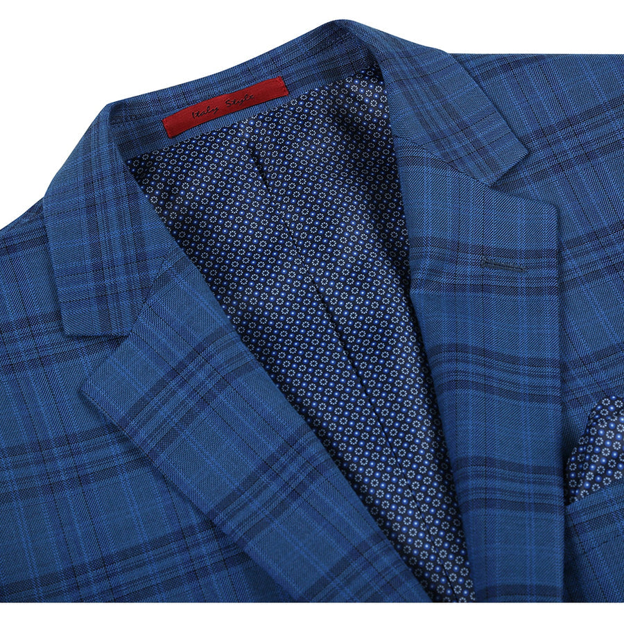 "Indigo Blue Windowpane Plaid Slim Fit Blazer - Men's Two-Button Sport Coat"