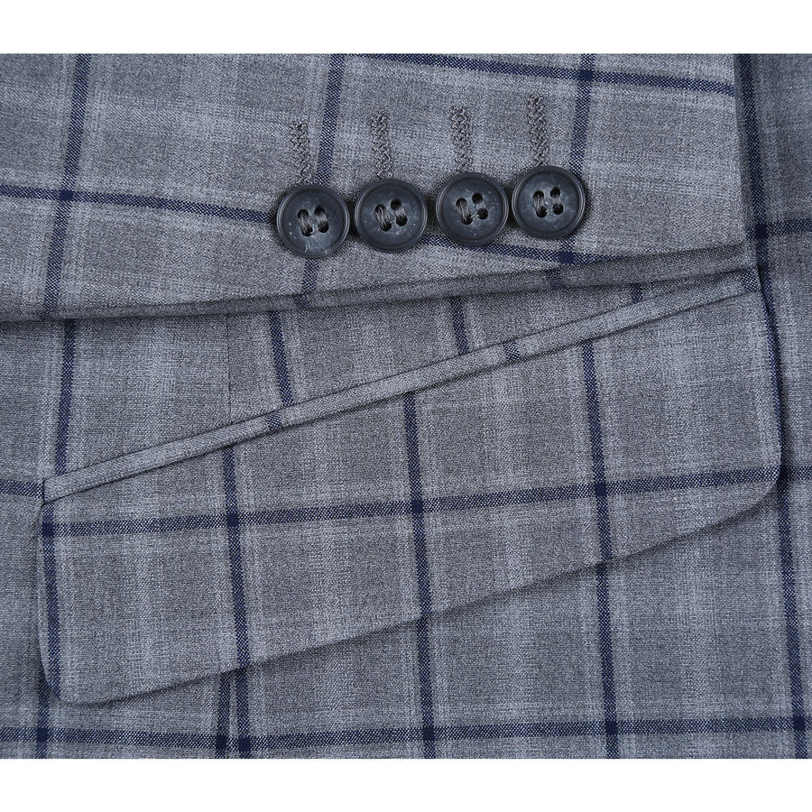 "Grey Windowpane Plaid Slim Fit Two-Button Men's Suit with Hack Pocket"