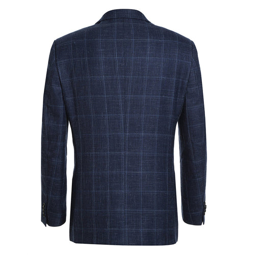 "Classic Fit Wool plaid Blazers - Men's Two Button Navy Blue Windowpane Plaid Sport Coat"